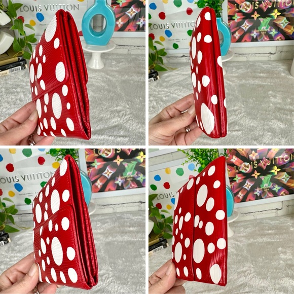 💯Louis Vuitton Red Epi Leather Trifold Wallet custom painted X Kusama dots 🔴⚪️ - Picture 3 of 15